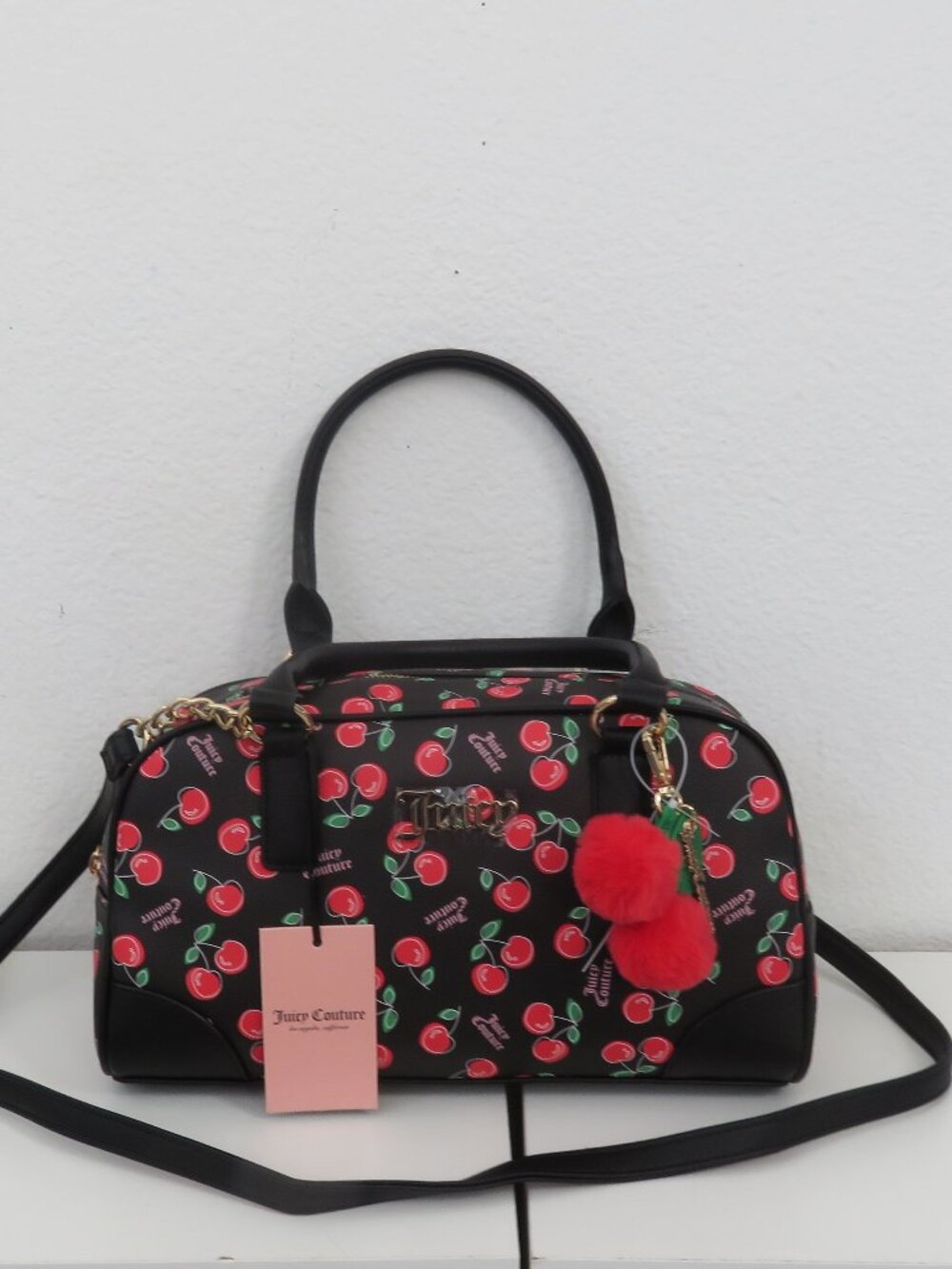 Juicy Couture Black Cherry Print Satchel with Red Pom Charm NWT